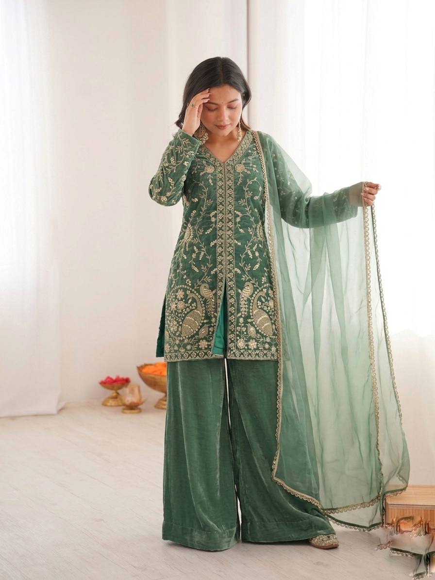 Luxury Fendy Silk Palazzo Set with Readymade Lace Border