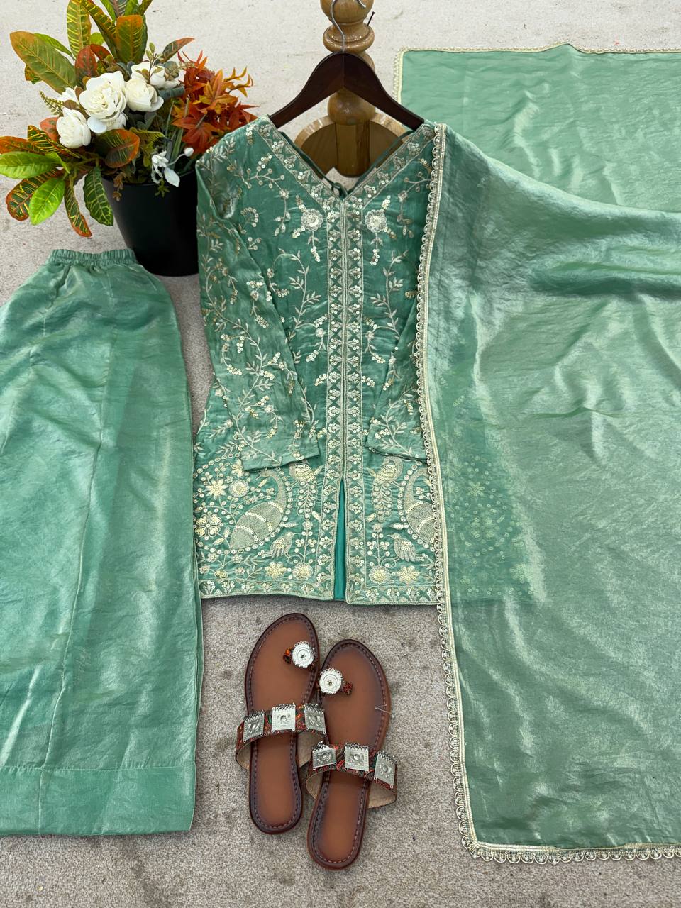 Luxury Fendy Silk Palazzo Set with Readymade Lace Border