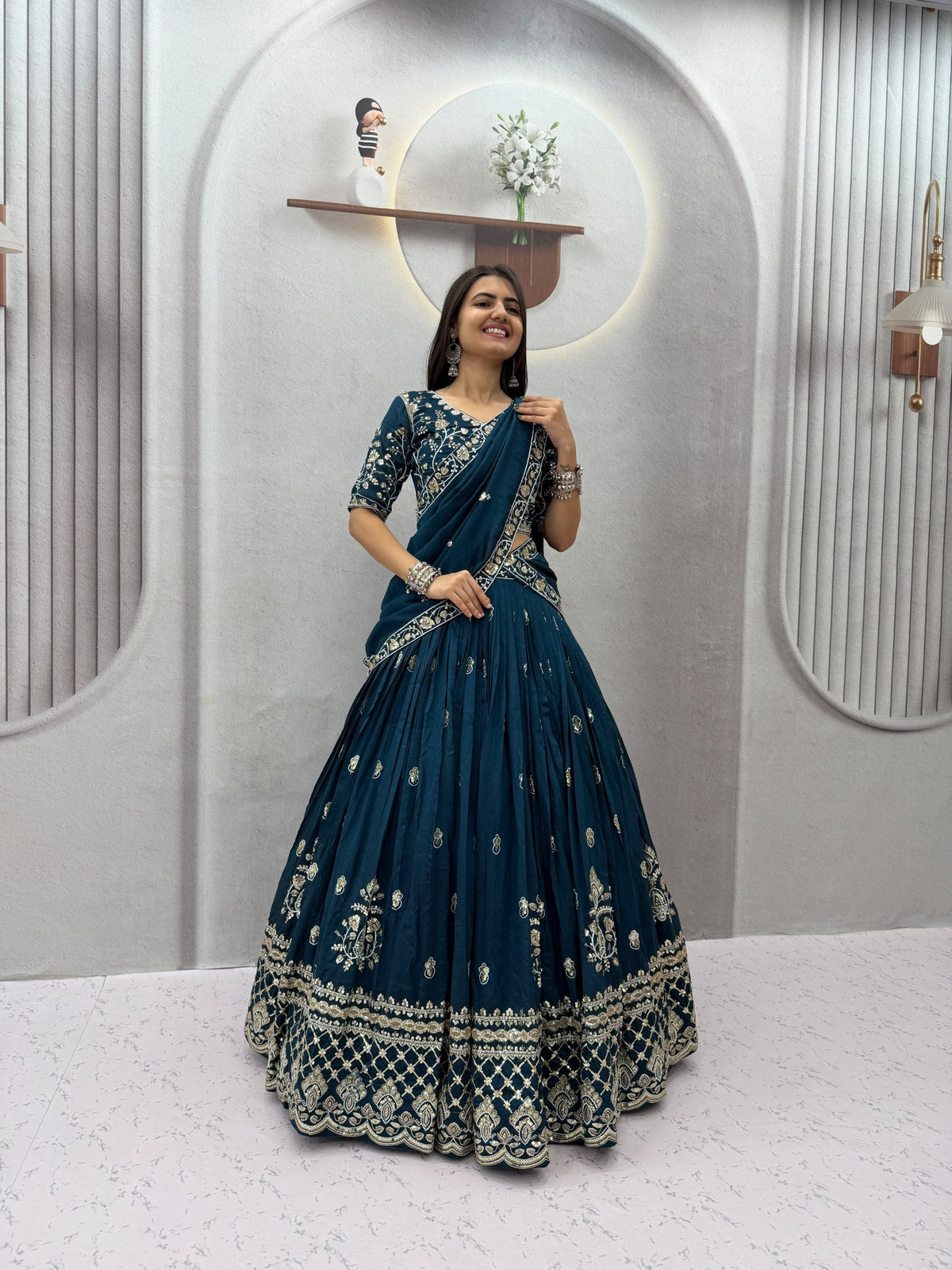 Meherika Vichitra Silk Embroidered Lehenga Choli Set with Sequin Work and Matching Dupatta