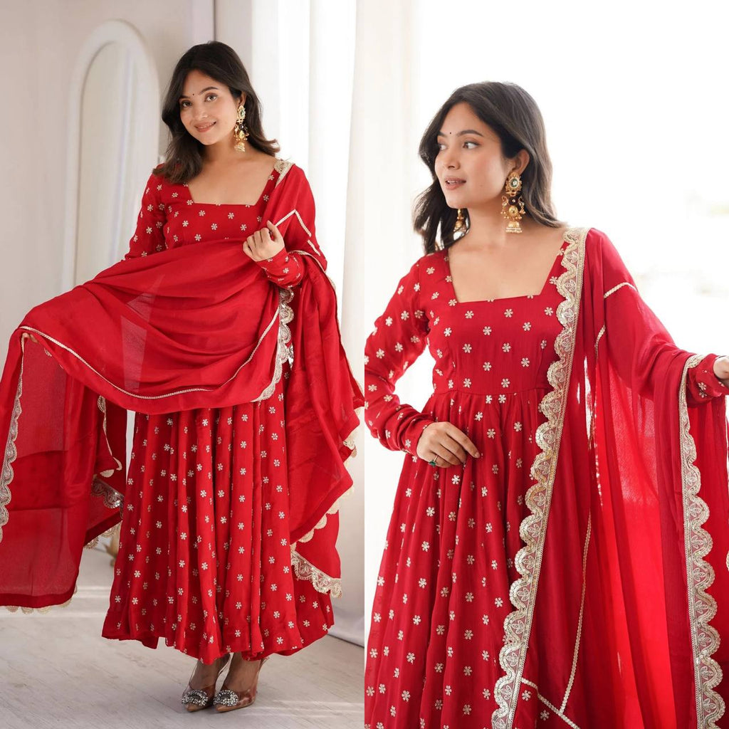 Maher Heavy Chinon Silk Zari Embroidered Anarkali with Pant & Dupatta Set