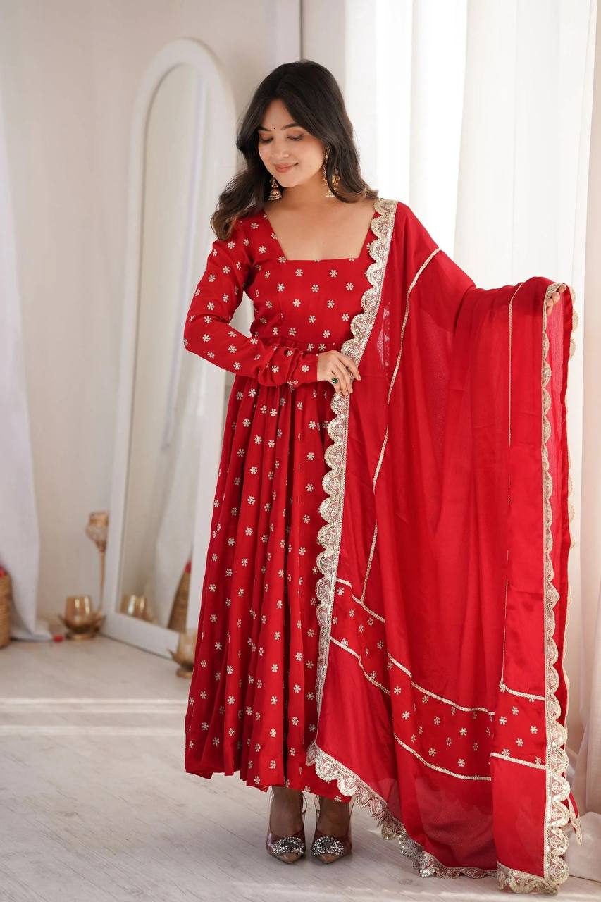 Maher Heavy Chinon Silk Zari Embroidered Anarkali with Pant & Dupatta Set