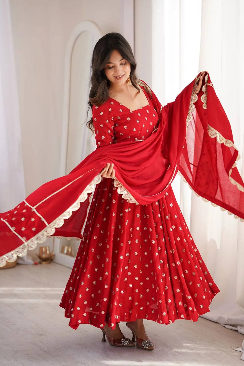 Maher Heavy Chinon Silk Zari Embroidered Anarkali with Pant & Dupatta Set