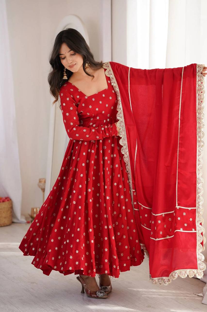 Maher Heavy Chinon Silk Zari Embroidered Anarkali with Pant & Dupatta Set