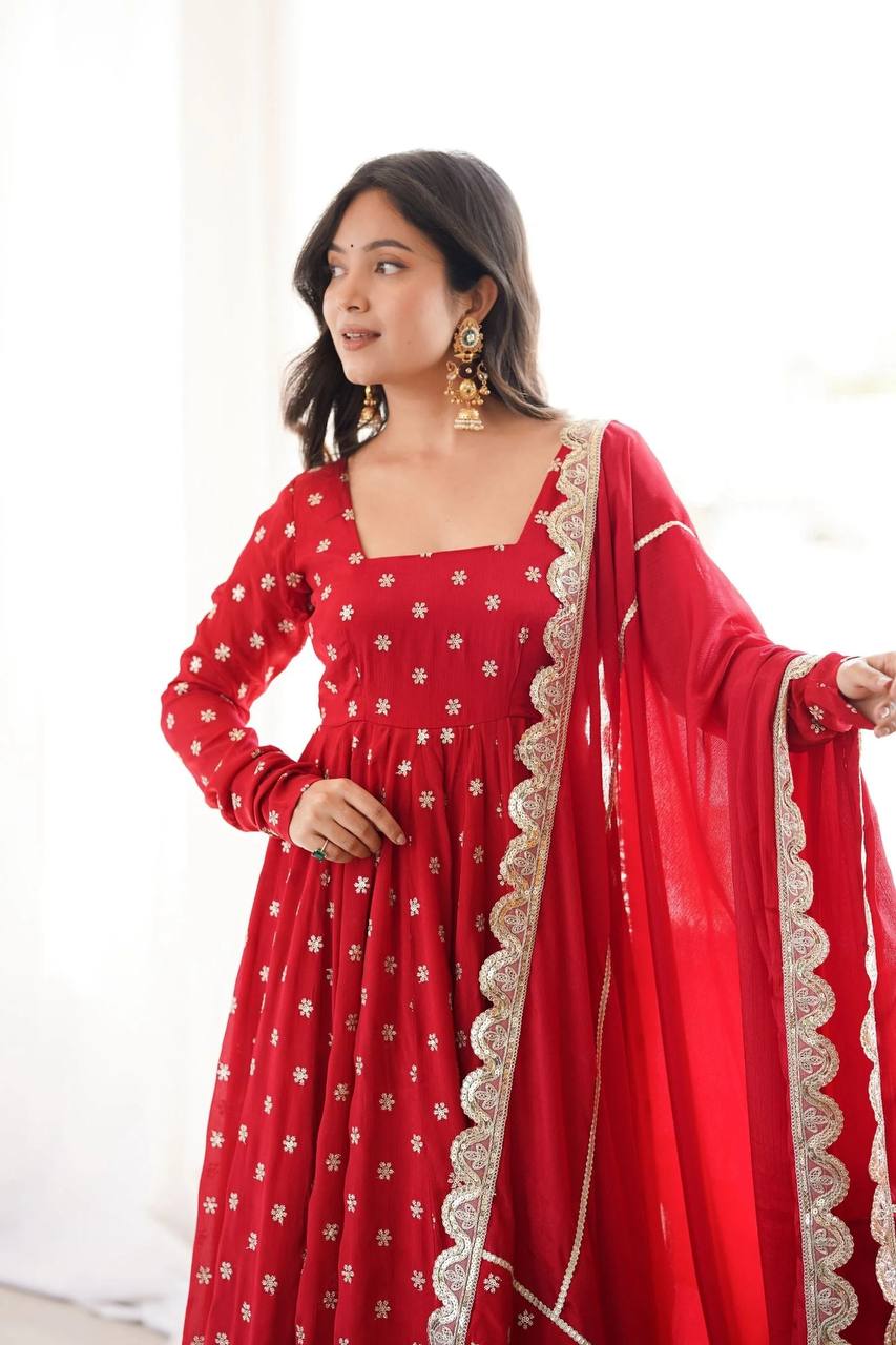 Maher Heavy Chinon Silk Zari Embroidered Anarkali with Pant & Dupatta Set