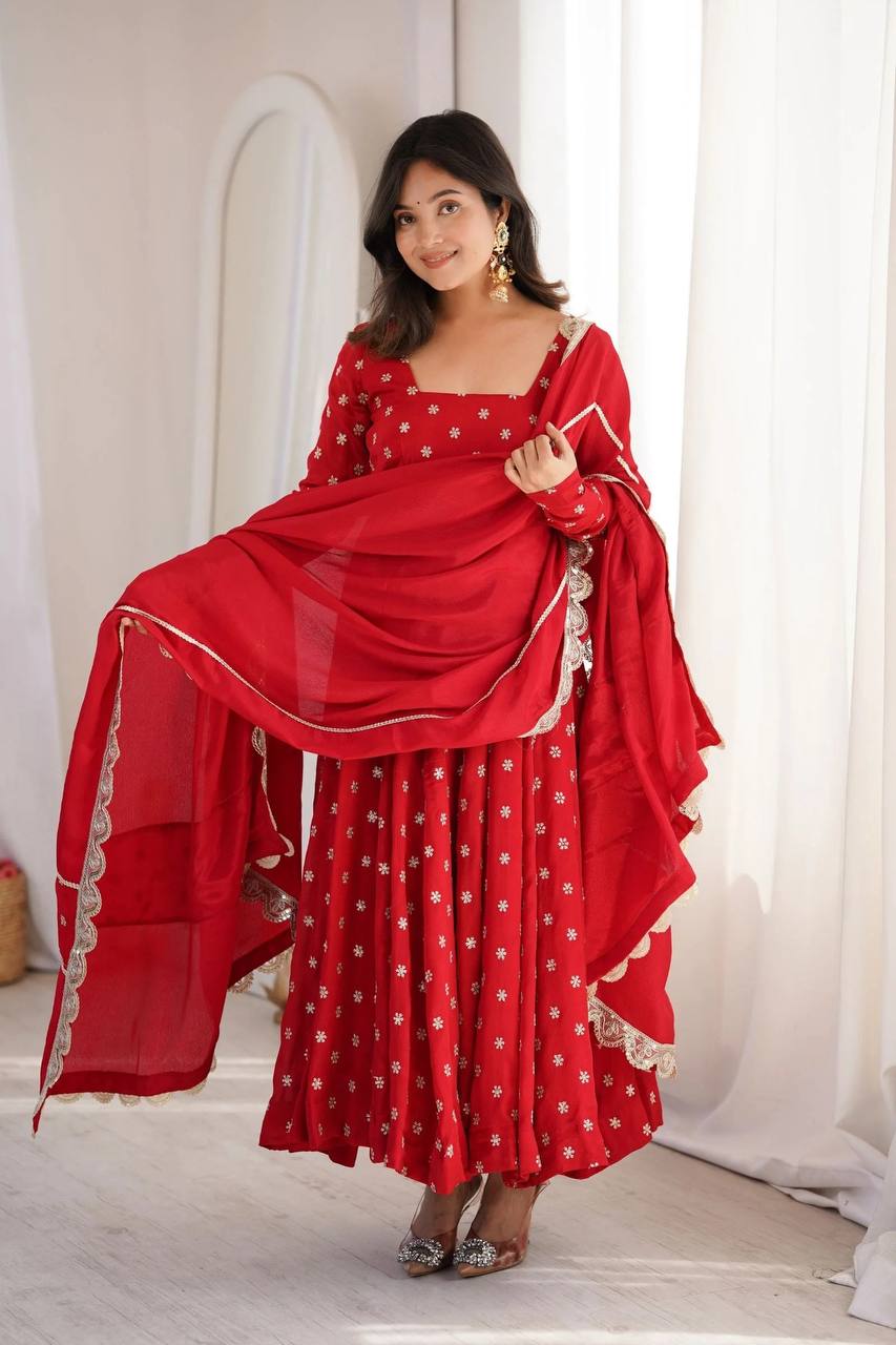Maher Heavy Chinon Silk Zari Embroidered Anarkali with Pant & Dupatta Set