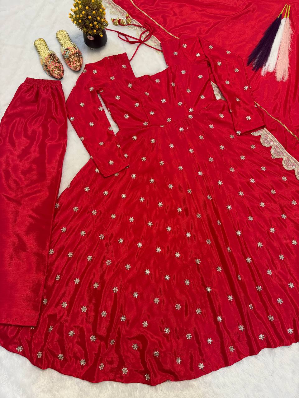 Maher Heavy Chinon Silk Zari Embroidered Anarkali with Pant & Dupatta Set