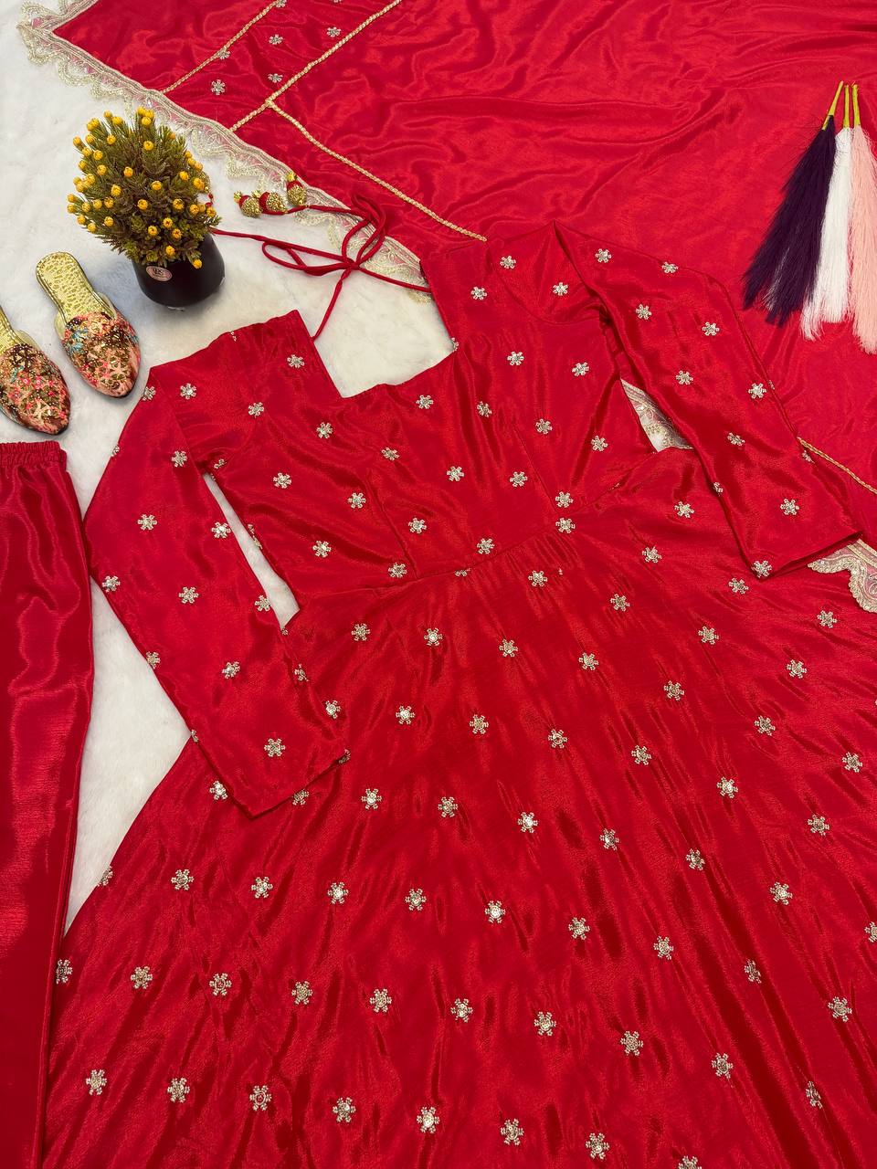 Maher Heavy Chinon Silk Zari Embroidered Anarkali with Pant & Dupatta Set