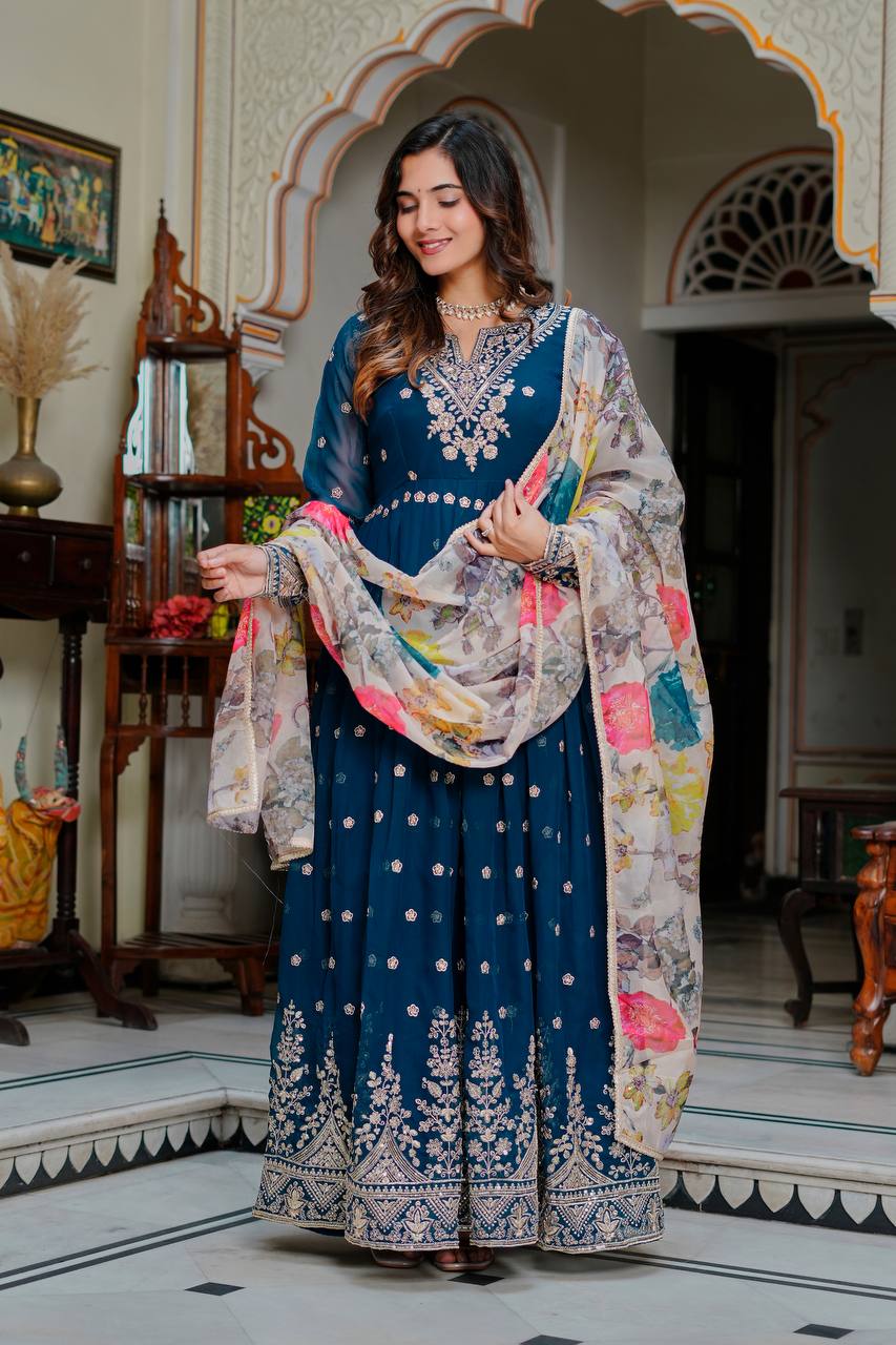 Designer Georgette Gown with Thread & Sequin Work Dupatta