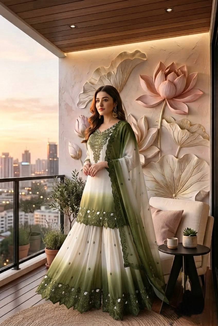 Vaidehi Dual Tone Star Georgette Thread Embroidered Kurti with Palazzo & Cutwork Dupatta Set