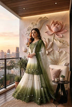 Vaidehi Dual Tone Star Georgette Thread Embroidered Kurti with Palazzo & Cutwork Dupatta Set