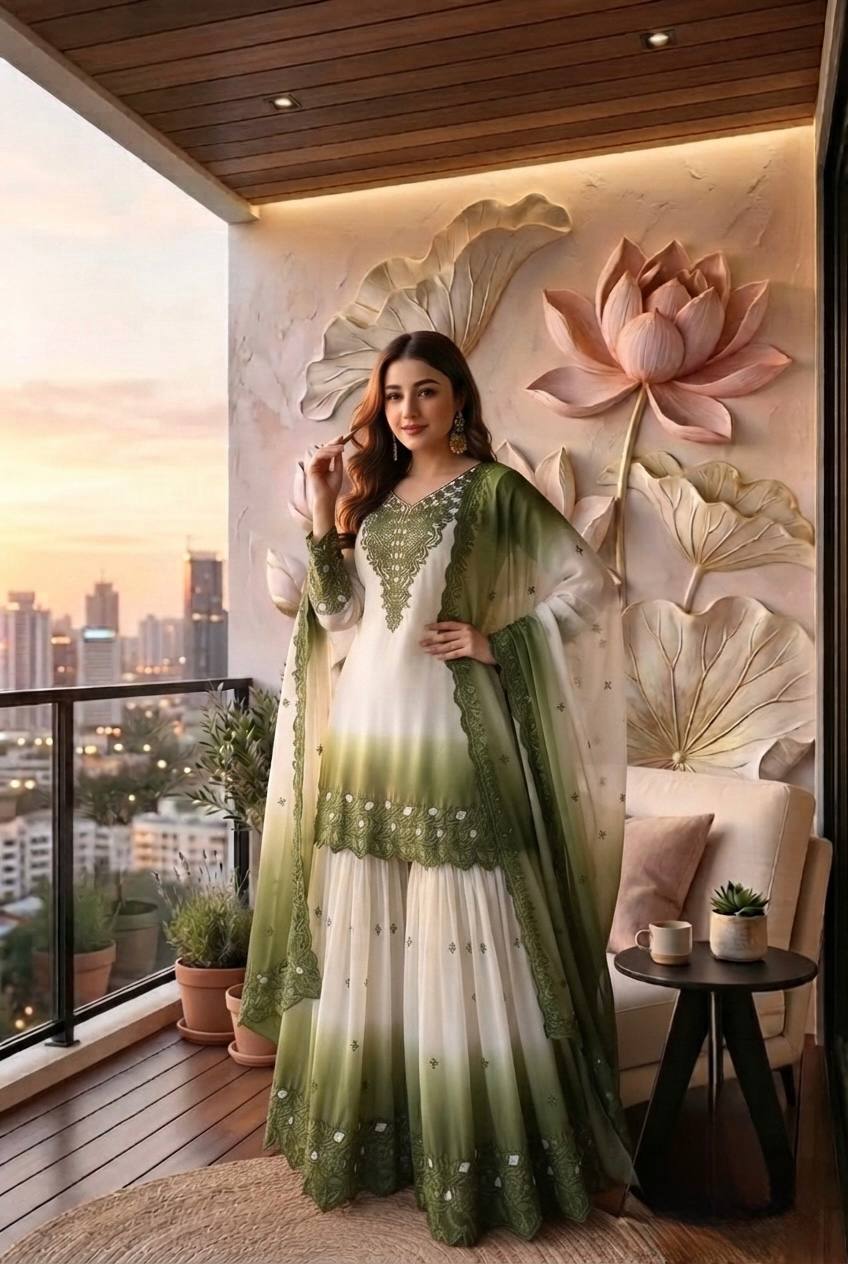 Vaidehi Dual Tone Star Georgette Thread Embroidered Kurti with Palazzo & Cutwork Dupatta Set