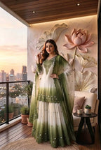 Vaidehi Dual Tone Star Georgette Thread Embroidered Kurti with Palazzo & Cutwork Dupatta Set