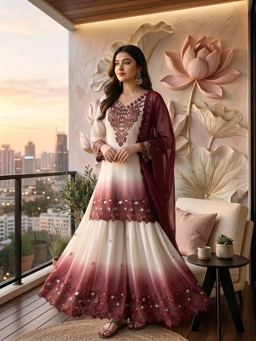 Vaidehi Dual Tone Star Georgette Thread Embroidered Kurti with Palazzo & Cutwork Dupatta Set