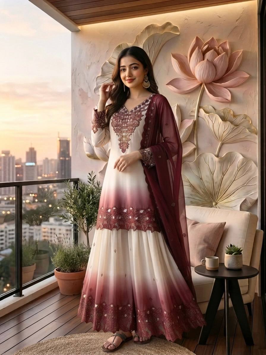Vaidehi Dual Tone Star Georgette Thread Embroidered Kurti with Palazzo & Cutwork Dupatta Set
