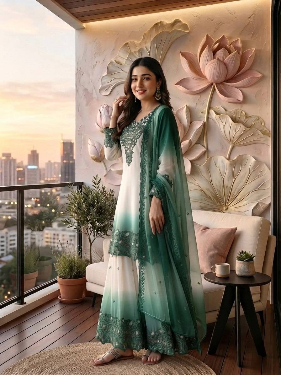 Vaidehi Dual Tone Star Georgette Thread Embroidered Kurti with Palazzo & Cutwork Dupatta Set