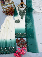 Vaidehi Dual Tone Star Georgette Thread Embroidered Kurti with Palazzo & Cutwork Dupatta Set