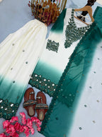 Vaidehi Dual Tone Star Georgette Thread Embroidered Kurti with Palazzo & Cutwork Dupatta Set