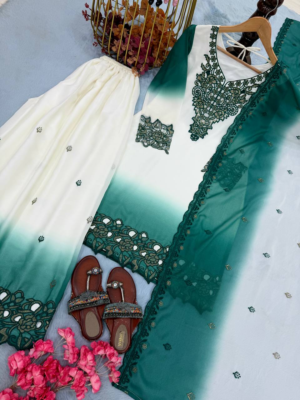 Vaidehi Dual Tone Star Georgette Thread Embroidered Kurti with Palazzo & Cutwork Dupatta Set