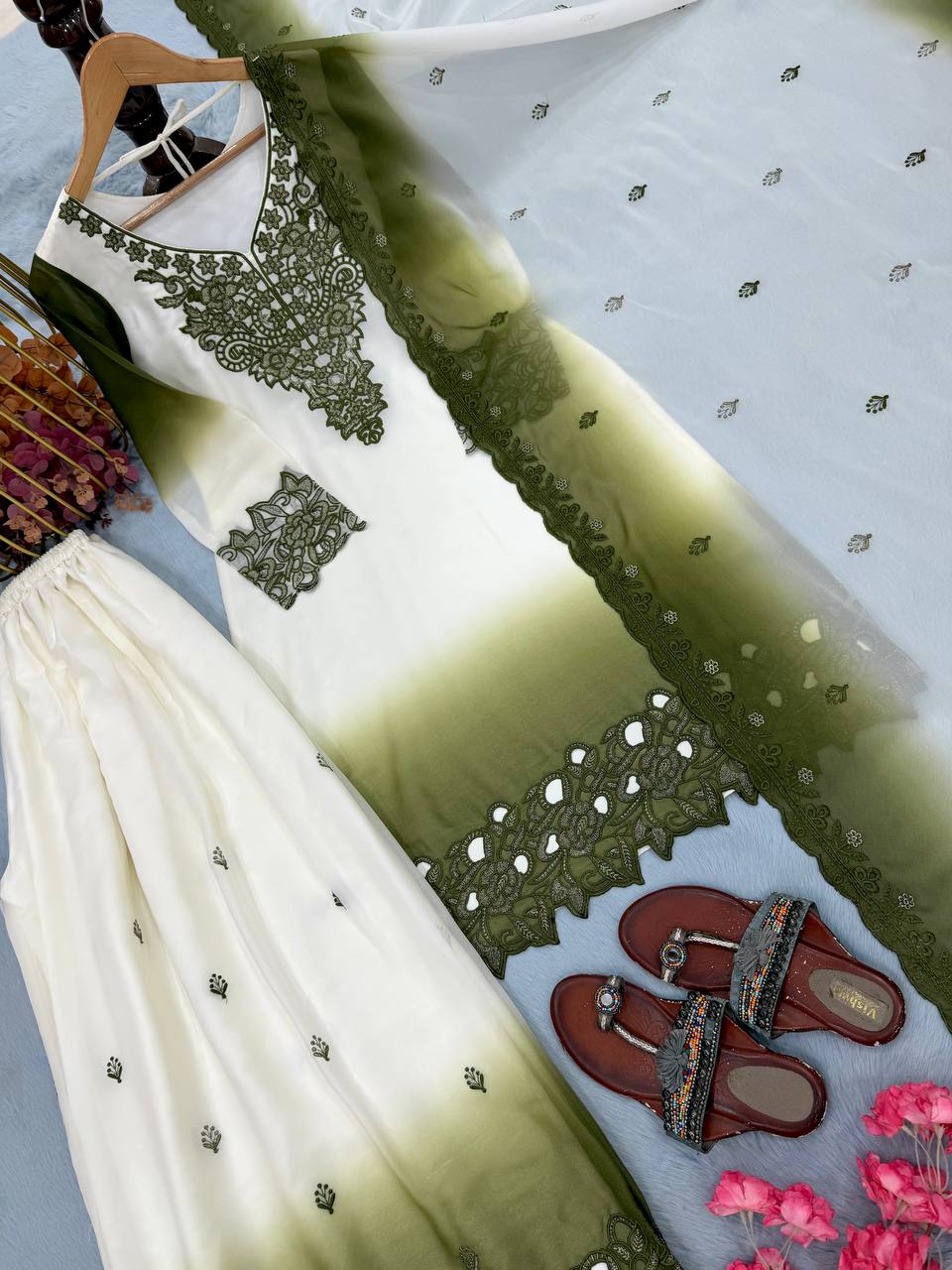 Vaidehi Dual Tone Star Georgette Thread Embroidered Kurti with Palazzo & Cutwork Dupatta Set