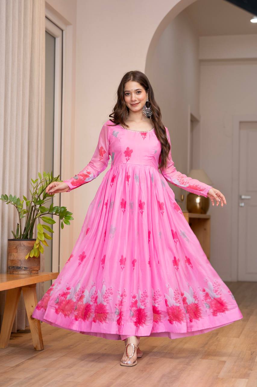 Avyanna Floral Print Organza Gown with Pant & Organza Dupatta Set
