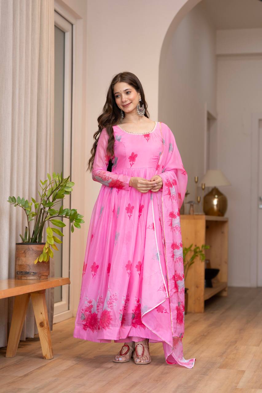 Avyanna Floral Print Organza Gown with Pant & Organza Dupatta Set