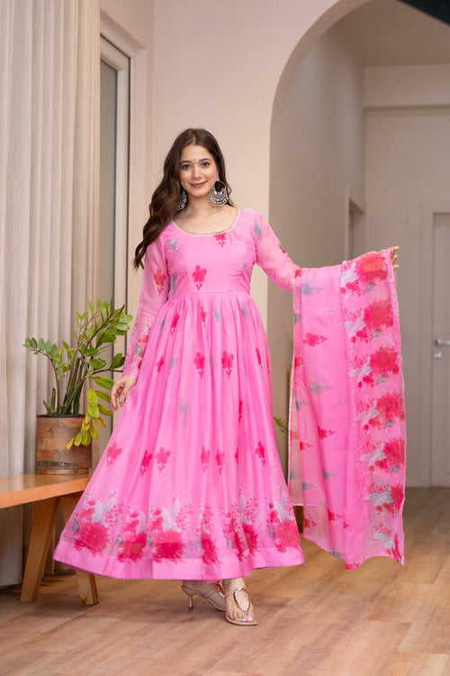 Avyanna Floral Print Organza Gown with Pant & Organza Dupatta Set