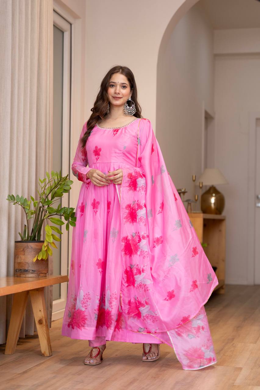 Avyanna Floral Print Organza Gown with Pant & Organza Dupatta Set