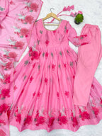 Avyanna Floral Print Organza Gown with Pant & Organza Dupatta Set