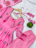 Avyanna Floral Print Organza Gown with Pant & Organza Dupatta Set