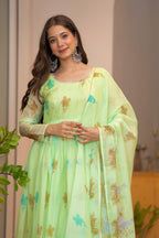 Avyanna Floral Print Organza Gown with Pant & Organza Dupatta Set