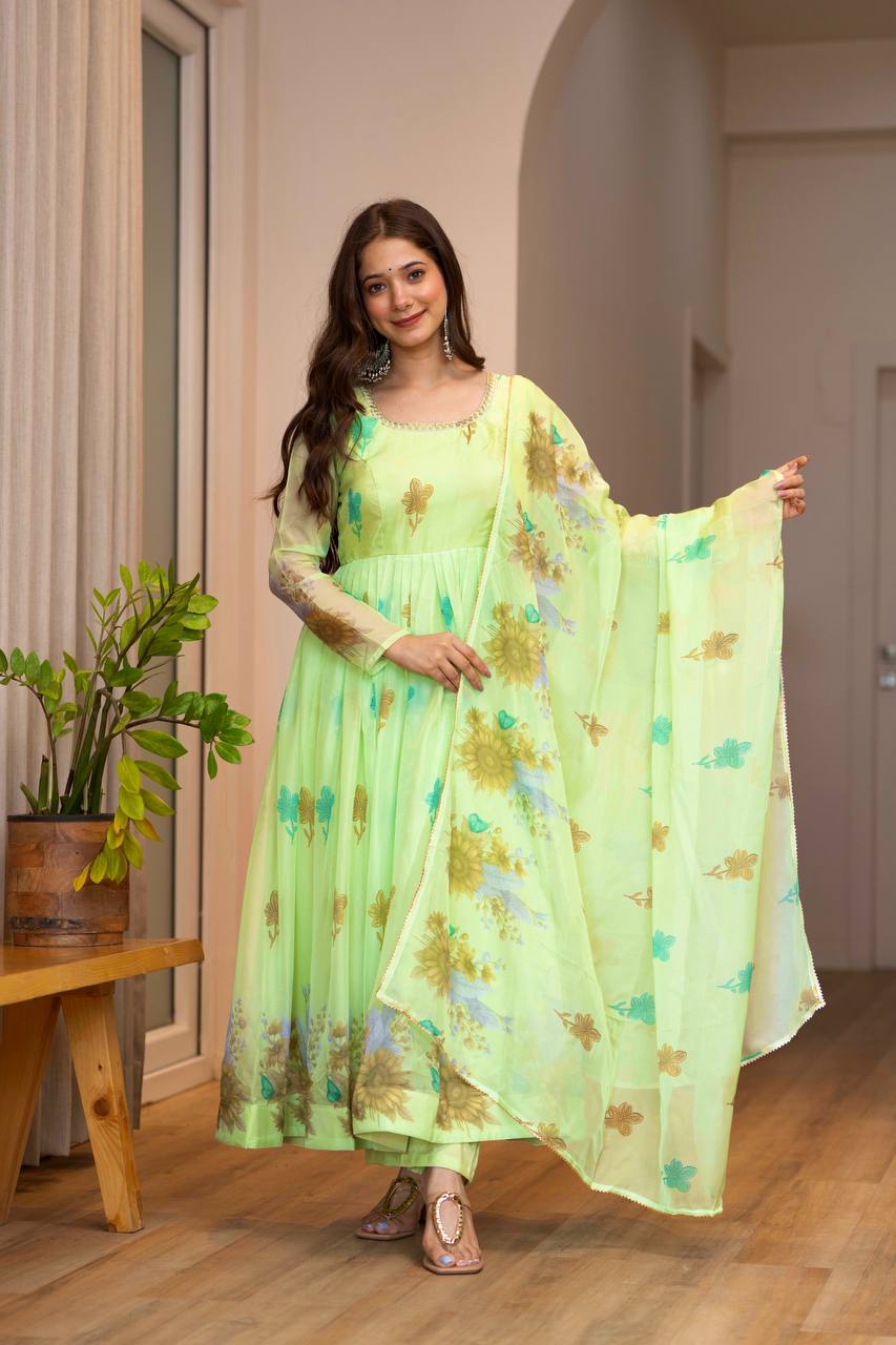 Avyanna Floral Print Organza Gown with Pant & Organza Dupatta Set