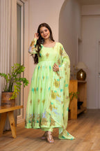 Avyanna Floral Print Organza Gown with Pant & Organza Dupatta Set