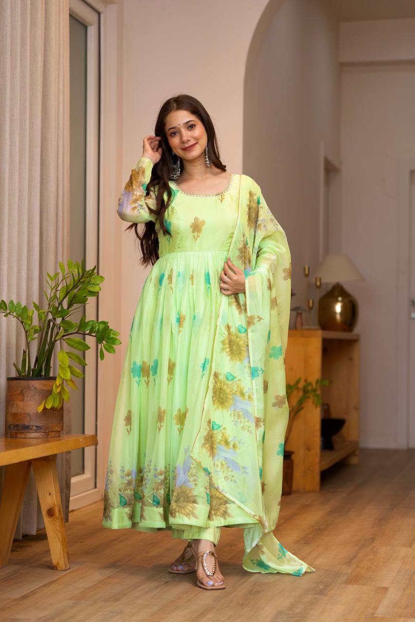 Avyanna Floral Print Organza Gown with Pant & Organza Dupatta Set