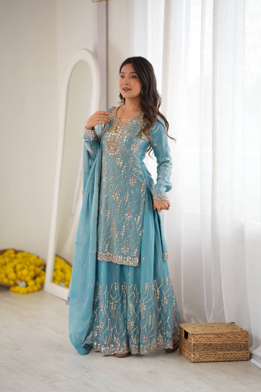 Zunaira Premium Fendy Silk Beaded Sharara Suit Set with Sequin Detailing