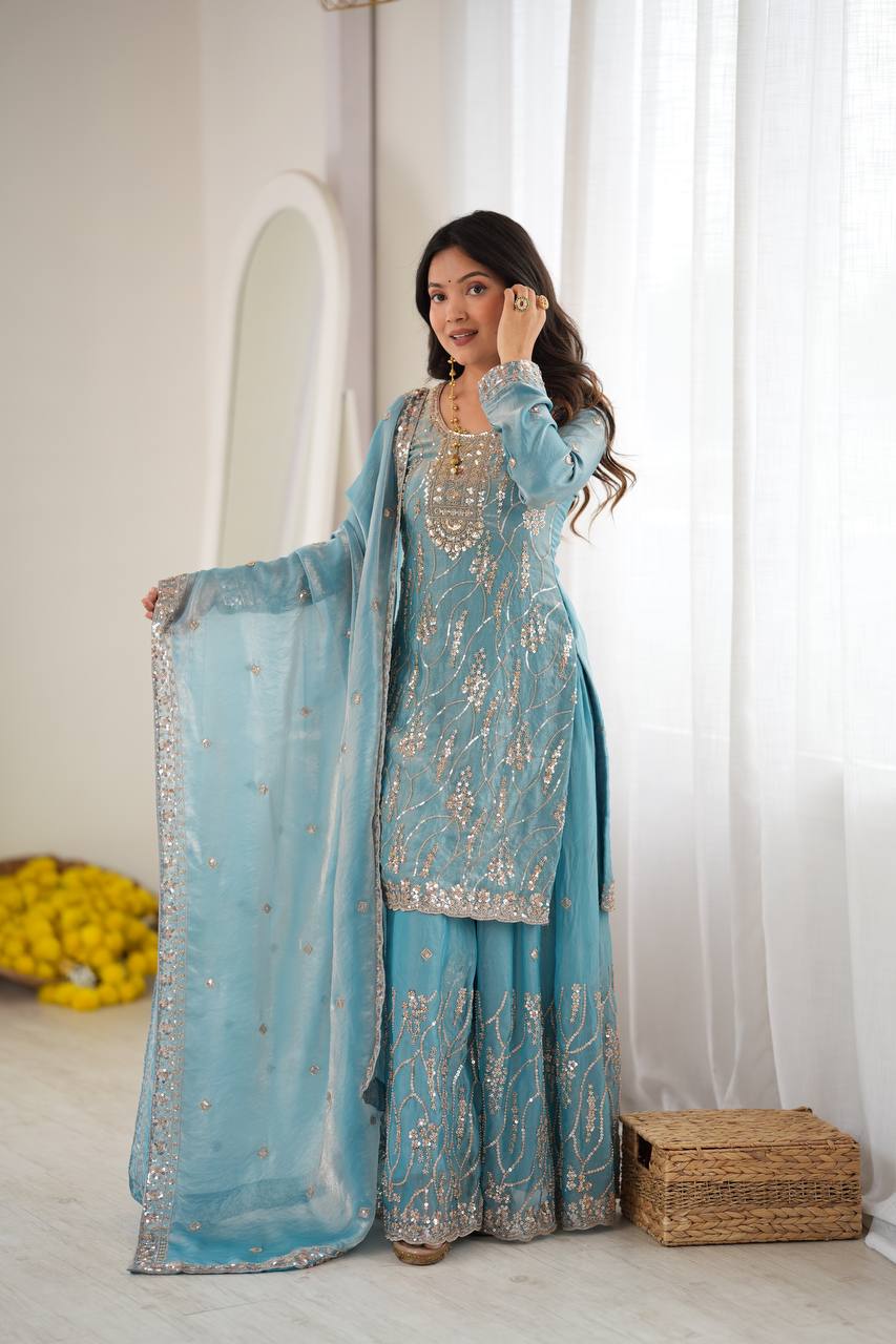 Zunaira Premium Fendy Silk Beaded Sharara Suit Set with Sequin Detailing