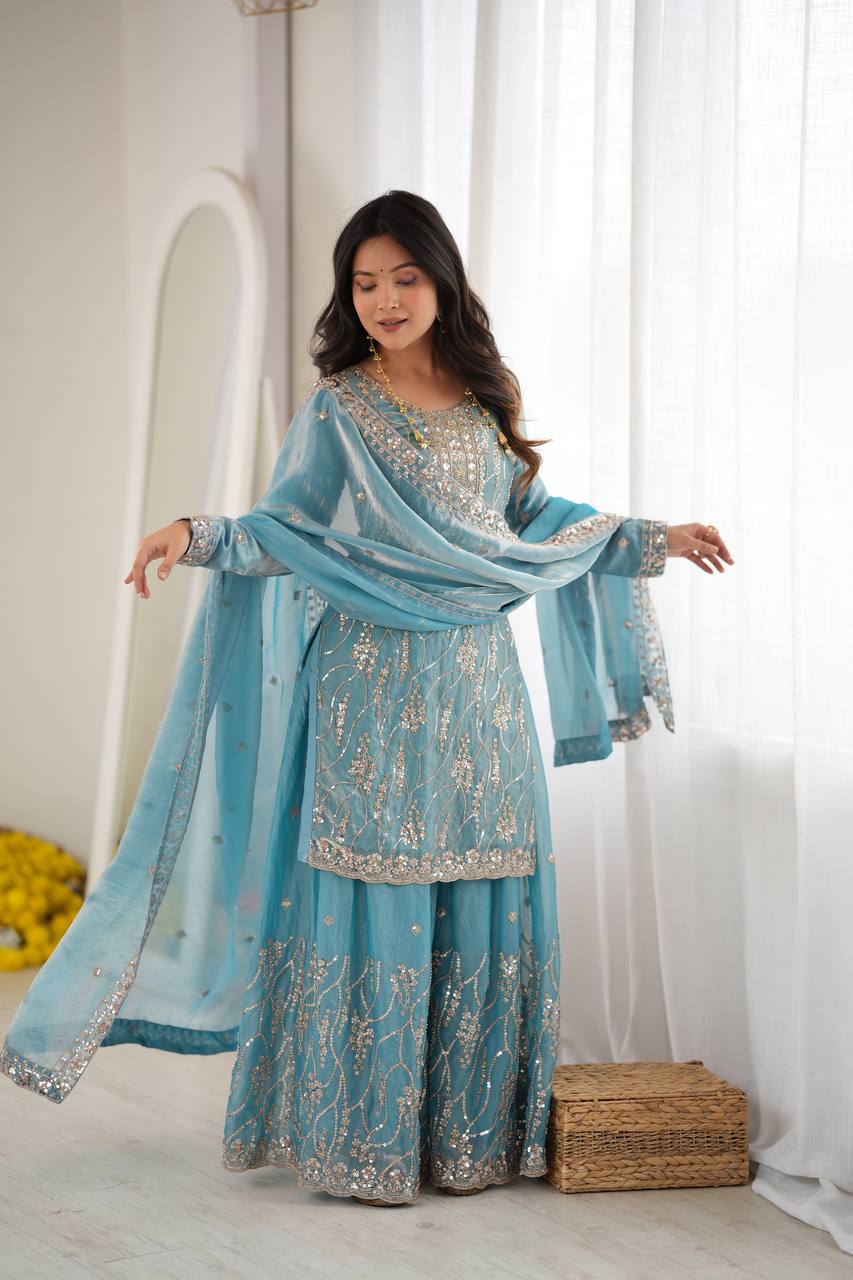 Zunaira Premium Fendy Silk Beaded Sharara Suit Set with Sequin Detailing
