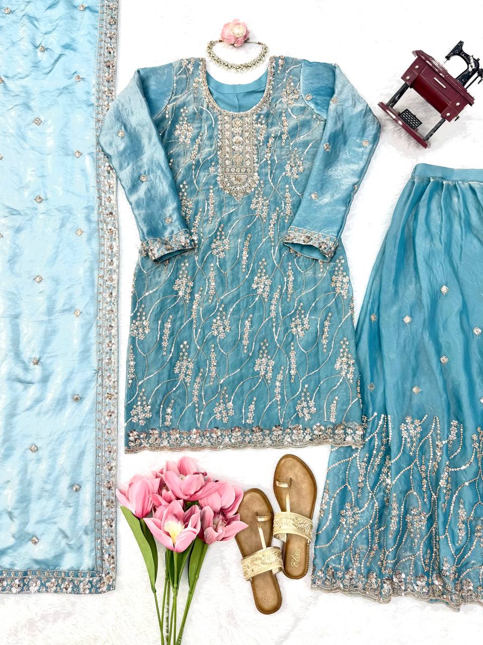 Zunaira Premium Fendy Silk Beaded Sharara Suit Set with Sequin Detailing