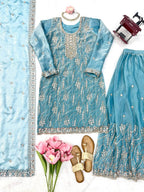 Zunaira Premium Fendy Silk Beaded Sharara Suit Set with Sequin Detailing