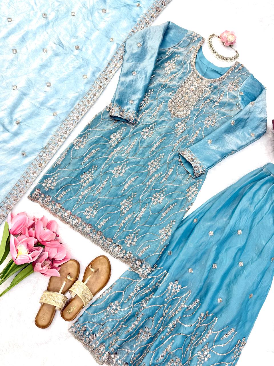 Zunaira Premium Fendy Silk Beaded Sharara Suit Set with Sequin Detailing