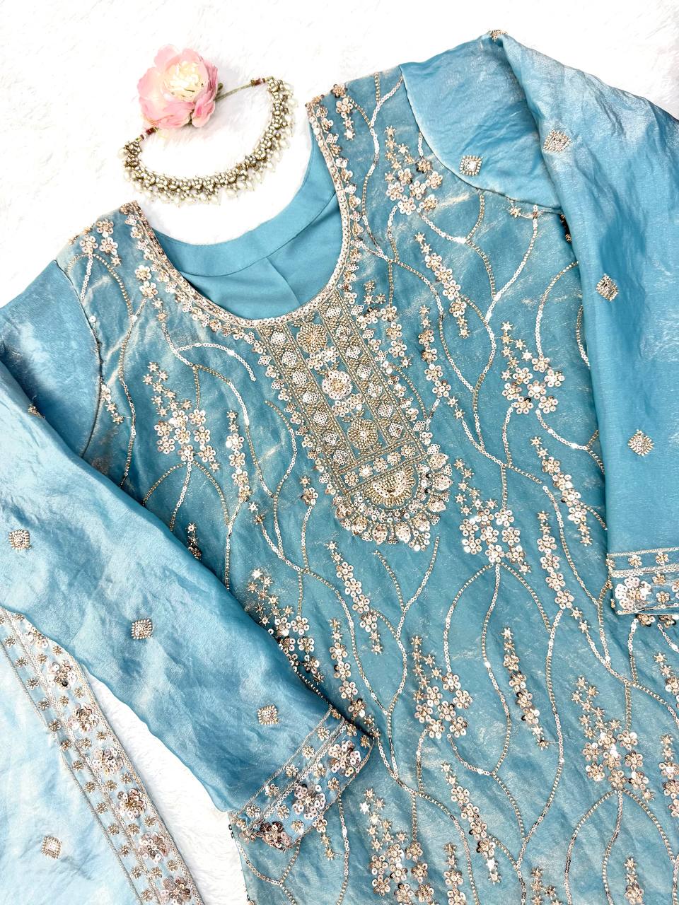 Zunaira Premium Fendy Silk Beaded Sharara Suit Set with Sequin Detailing
