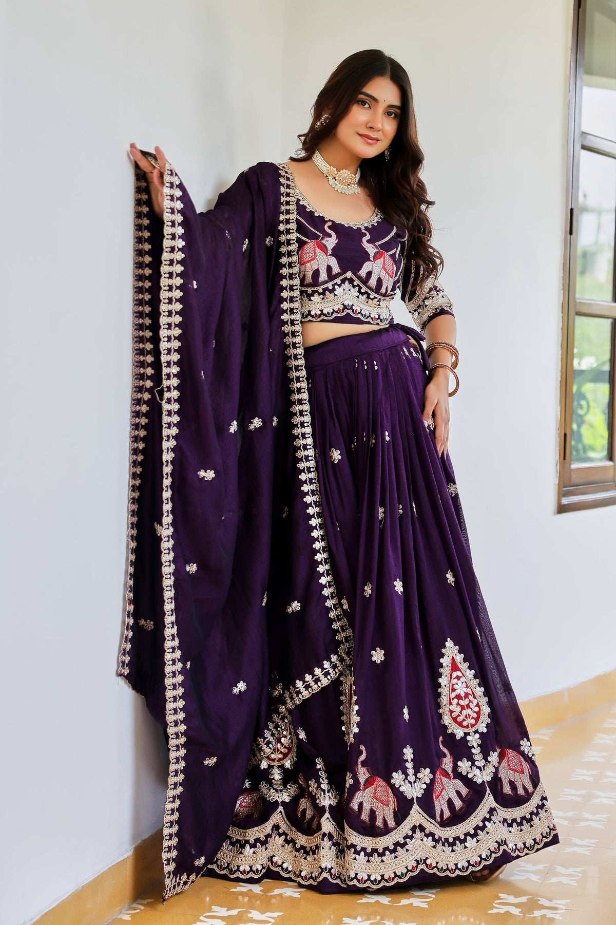 Aashvi Pure Vichitra Silk Lehenga Choli with Heavy Gota Patti, Threadwork and Sequin Embroidery