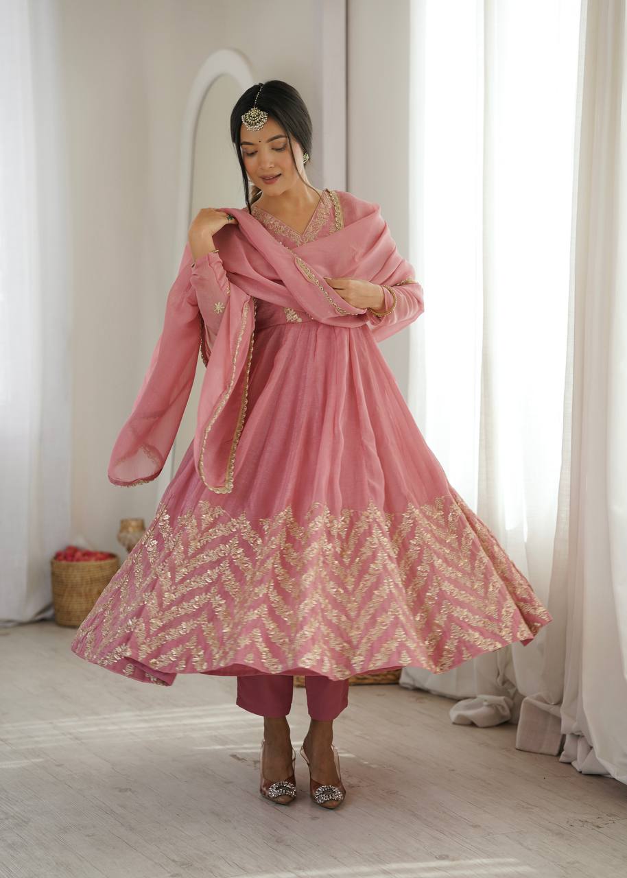Nooraya Designer Crunchy Silk Anarkali Gown with Embroidery & Sequins Work, Pant and Lace Border Dupatta
