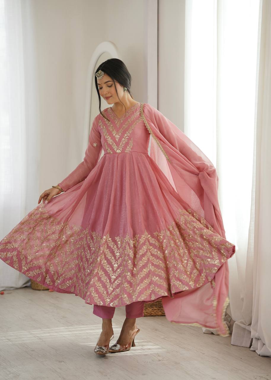 Nooraya Designer Crunchy Silk Anarkali Gown with Embroidery & Sequins Work, Pant and Lace Border Dupatta