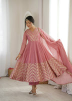 Nooraya Designer Crunchy Silk Anarkali Gown with Embroidery & Sequins Work, Pant and Lace Border Dupatta