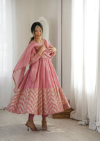 Nooraya Designer Crunchy Silk Anarkali Gown with Embroidery & Sequins Work, Pant and Lace Border Dupatta