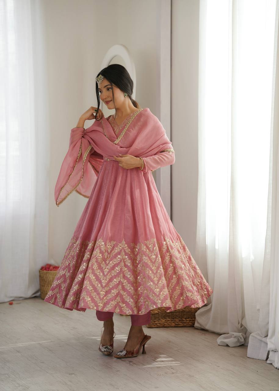 Nooraya Designer Crunchy Silk Anarkali Gown with Embroidery & Sequins Work, Pant and Lace Border Dupatta