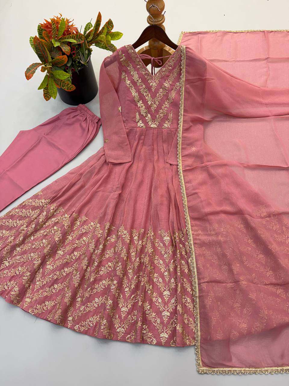 Nooraya Designer Crunchy Silk Anarkali Gown with Embroidery & Sequins Work, Pant and Lace Border Dupatta