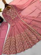 Nooraya Designer Crunchy Silk Anarkali Gown with Embroidery & Sequins Work, Pant and Lace Border Dupatta