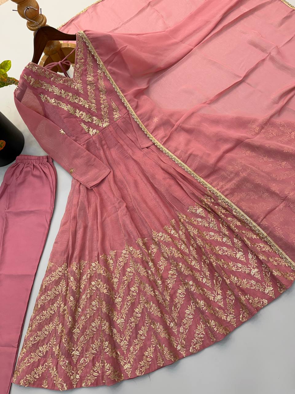 Nooraya Designer Crunchy Silk Anarkali Gown with Embroidery & Sequins Work, Pant and Lace Border Dupatta