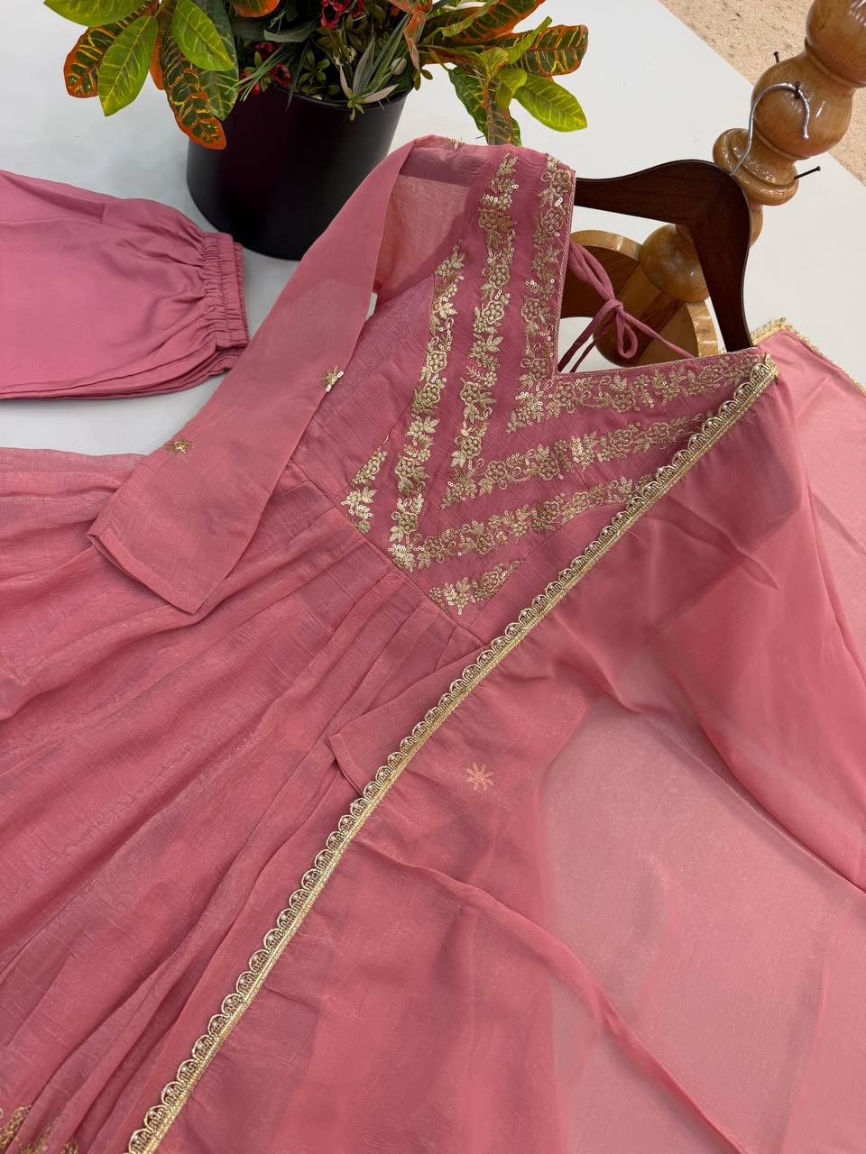 Nooraya Designer Crunchy Silk Anarkali Gown with Embroidery & Sequins Work, Pant and Lace Border Dupatta